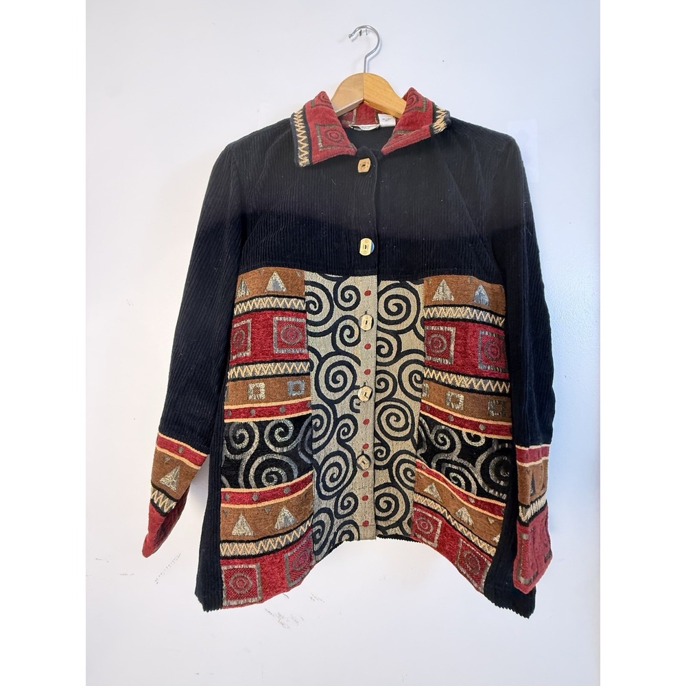 Notations Woman Jacket 14/16 Black Corduroy Tapestry Southwestern Boho Artsy